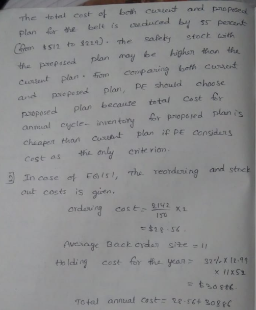 The total cost ot both cutat ad Plan for the belt is reduced Chem a the preposedt plan may be highon thon the Cuntent plan ‘fron comparing both cuued and pxepesed plan, PE should choose proposed plan because tetal Cost or anneial cycle inven to cheapet than Curient plan ie pe Cest as he only enite rion pno pesec b s percent s12 t121) The safety stock sith er pnoposed plan is In case ot calsl, ha reordeing and stock out costs is gien Ordlou Case 2(42 Aveiage Back a Holding cost for the year: 22%xtt?, To tel annual cte-s+ 30g