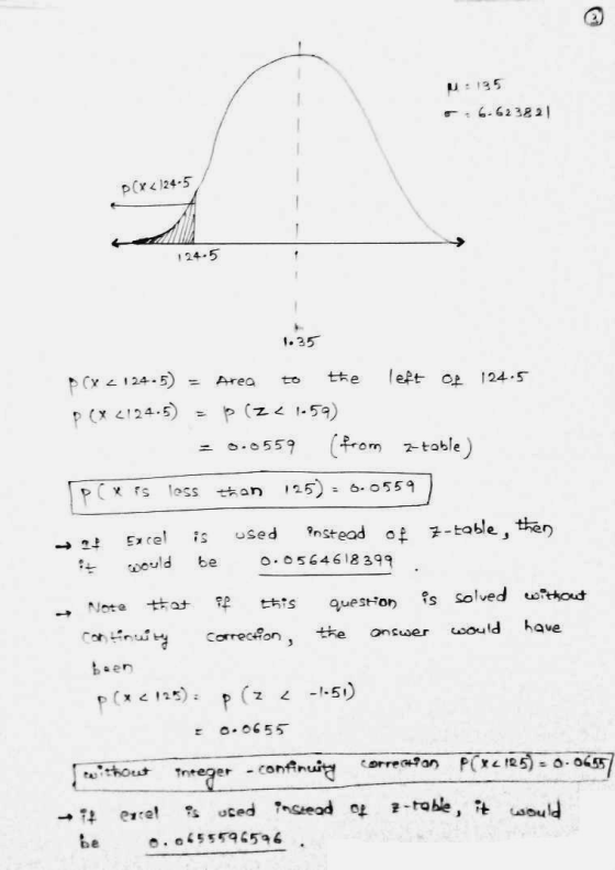.6.623821 (< 124-5 124.5 1.35 p(x < 124-5) = area to the left Op 124.5 P ( X 2124.5) = p (ze 1.59 = 0.0559 (from 2-table) PCs
