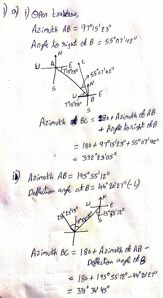 iORen taloe Azimth AB= 97ise3 Angke to igt ek B 55074 A C E AzimuthB Azimuh e AB Ane torigt kB 180 97s23+ Ss°07ue 332 23