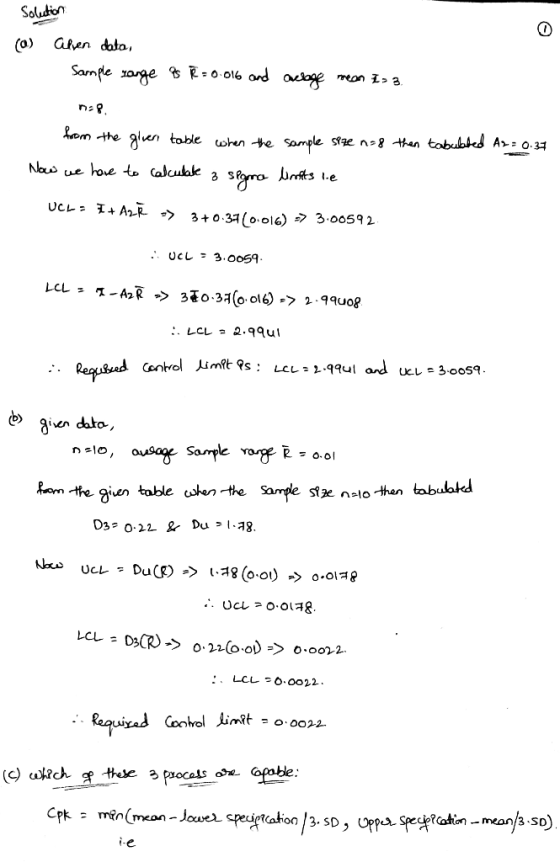 Solution (a) Alven data, Sample range as R = 0.016 and acbage mean I= 3. from the given table when the sample size n=8 then t