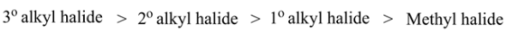 3° alkyl halide > 2° alkyl halide >
1° alkyl halide > Methyl halide