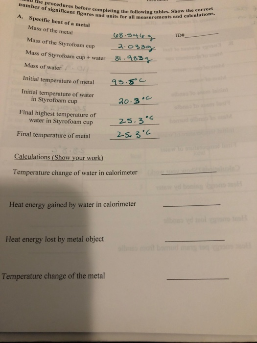 LAU the procedures before completing number of significant figures and units A. ompleting the following tables. Show the corr
