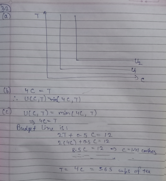 2.2 (а) T t, СЫ чC = T : UCC, I) min 4c, T) Ut C, T) = min 1 чC, т) 5 ЧС - Т Budget line is : 2T + О. 5 - 12 2 (4) + 0-5 С= 1