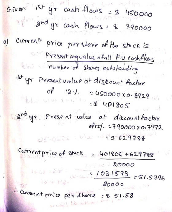Giver ry ist or cash flows = $ 450000 and yr cash flows : 8 790000 a) Current price pershave of He stock is Present Agualue o
