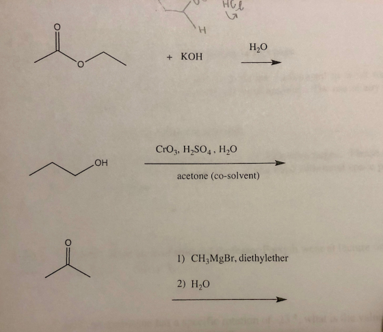 Н.О + КОН CrO3, H2SO4, H20 HO acetone (co-solvent) 1) CH3MgBr, diethylether 2) H2O