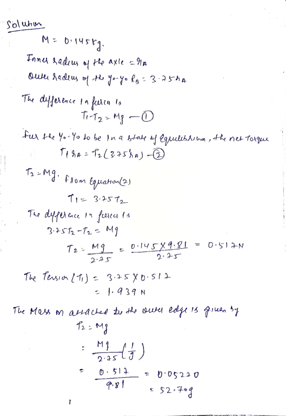 Solution м - б• 1чѕtа- Inner radius 에 the axle alla um Addrщw R {-}• fo - 3 элд The difference in felia is Torta = Mg 0 for t