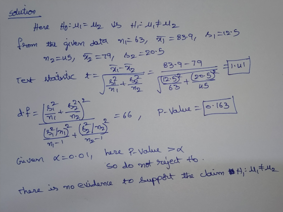 solution Here Holi = lz us Hi uitlla from the given data no 63, X = 83.9, 6,=1205 na=us X2=79, B2=20.5 21-26 83-9-79 Tet stat