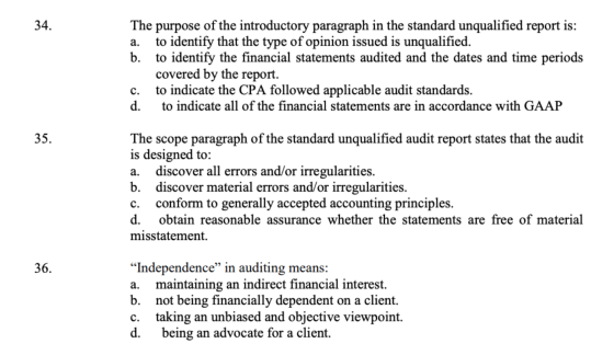 The purpose of the introductory paragraph in the standard unqualified report is: a. to identify that the type of opinion issu