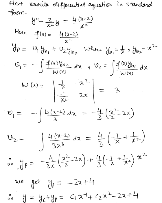 4 (2-2) 것2 Here f(x) = first rewrite differential equation in standard form. - - 4 fx) = M(X-2) gp = 9, t y2 b=놋 ,d= s far yo