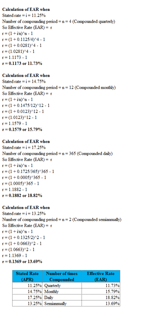 Calculation of EAR when Stated rate =-11 .25% Number of compounding periodn4 (Compounded quarterly) So Effective Rate (EAR) r