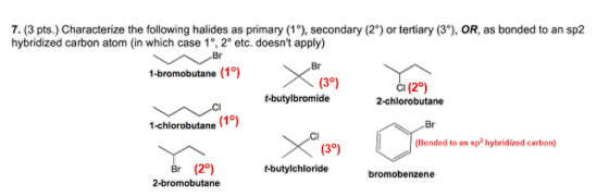 7. (3 pts.) Characterize the following halides as primary (1°), secondary (2°) or tertiary (3°), OR, as bonded to an sp2 hybr