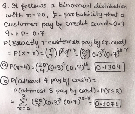 9. 9t toecoos a binomial distibution cwith n 20, p- probability that a Customer pay by credit card-0.3 -P: 017 PCExacty - PCx