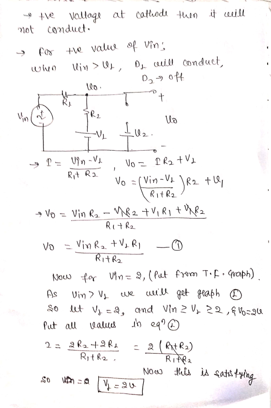 the voltage at cathode then it will not conduet y for the value of vins 1. when lin > Us, Dj will conduct, D2 - Off llo R2 -