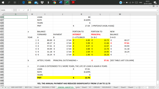 - Vo (a 1x ENG . W 03:51 28-03-2020 23 ... o X G426 G H. L M 80 426 427 8.629% LOAN RATE YEARS PMT 428 17.64 (=PMT(K427,K428,