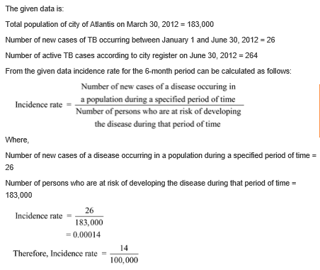The given data is: Total population of city of Atlantis on March 30, 2012 183,000 Number of new cases of TB occurring between January 1 and June 30, 2012 26 Number of active TB cases according to city register on June 30, 2012 264 From the given data incidence rate for the 6-month period can be calculated as follows: Number of new cases of a discase occuring in a population during a specified period of time Number of persons who are at risk of developing the disease during that period oftime Incidence rate Where, Number of new cases of a disease occurring in a population during a specified period of time- 26 Number of persons who are at risk of developing the disease during that period of time 183,000 26 Incidence rate -183,000 0.00014 14 100,000 Therefore, Incidence rate