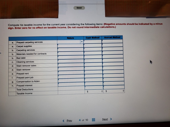 Saved Compute his taxable income for the current year considering the following items: (Negative amounts should be indicated