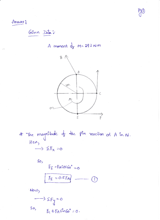 Geven Dt A monent dy M 92 N-m The maanutude dT the Pin Ln Hert So, FE O.SFA Nous So