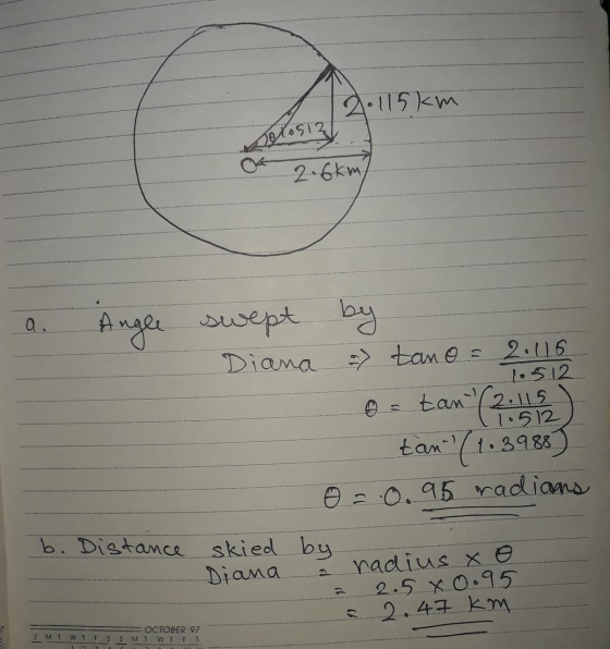 No115km Solosial 2.6km) a. Angle ... lo 512 swept by Diana - tano = 2.116 o = tan (2.115) tan? (1.3988) o = 0.95 radians b.