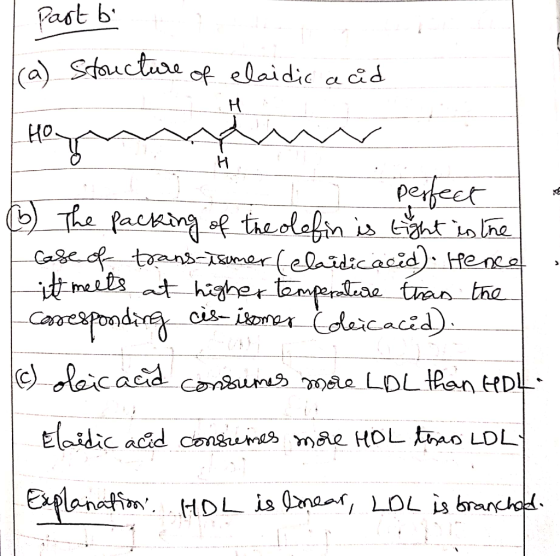 | Past bi (a) Structure of elaidic acid Hoy - perfect (6) The packing of the olefin is light in the I case of trans-isomer (e