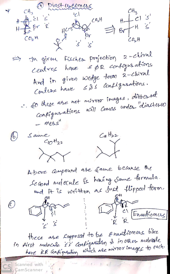 4 a Diastecomers Chao cl - CO2H s CH₂ HCcls orth COH COOH * Tu giren fisches projection archiral centres have sØR configusat