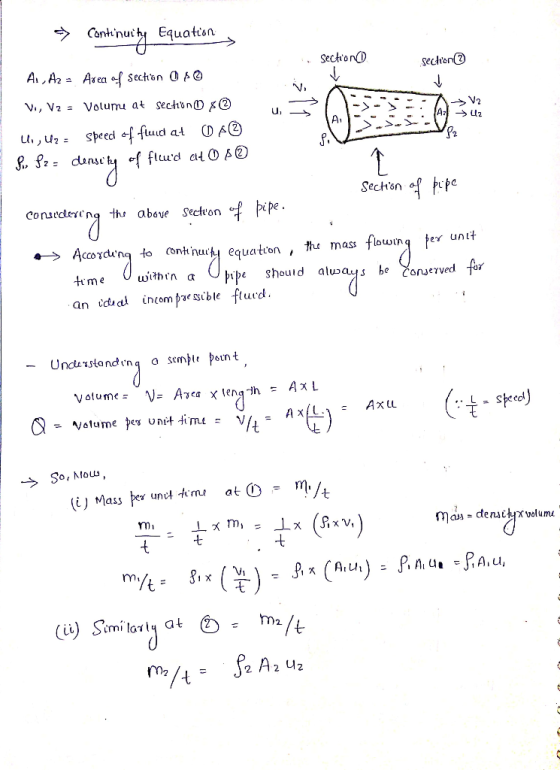 > Continuity Equations Section section :: A , Az = Area of section of V., V2 = Volume at section s L., U2 = Speed of fluid at