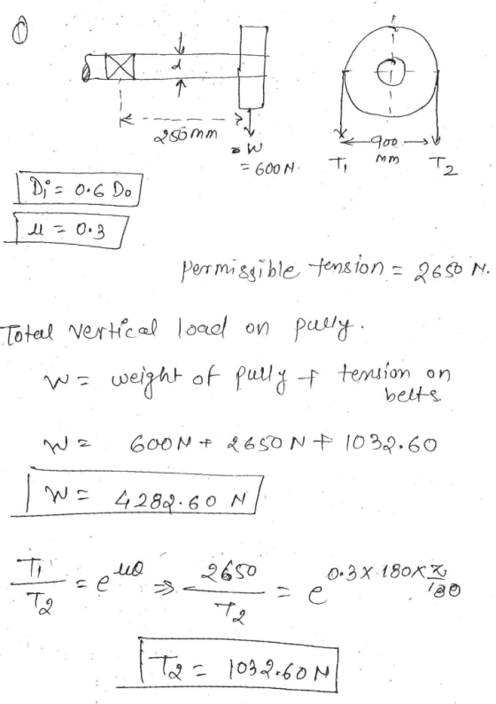 omm T2 - 600 N Dj= O.6 Do Per migsible tens ion = 26s0 N. Totel Nertcal load on pu weizht of Pula -f temsion on belts 600N 6