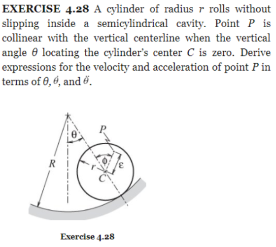 EXERCISE 4.28 A cylinder of radius r rolls without slipping inside a semicylindrical cavity. Point P is collinear with the ve