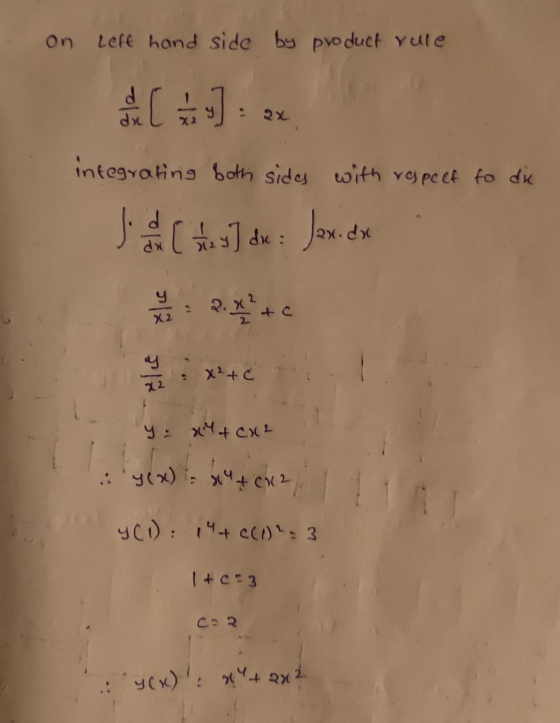 on left hand side by product rule integrating both sides with respect to die J. de ( 4 ) dic : Jox.de y = x + Cl² y(x) = $44C