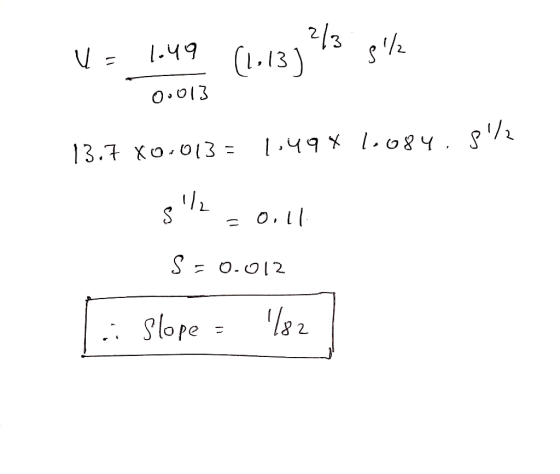 V = 1049 (1.13)?!3 site U= 1049 sh 00013 13.7 X0-013 = 1.49% 10084. $72 stk. 0.11 S = 0.012 slope = 182 [