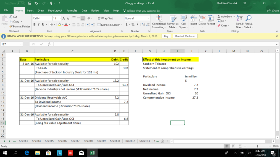 AutoSave Chegg workings - Excel Radhika Chandak Insert Draw Page Layout Formulas Data Review View Help Tell me what you want
