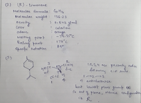 (2) (R)-Limonene Nolecular formula: 4o HI6 iol eeulan wgt 36 23 : 0.42 md pesny Color colortem orange -74.350c odon Meltrug p