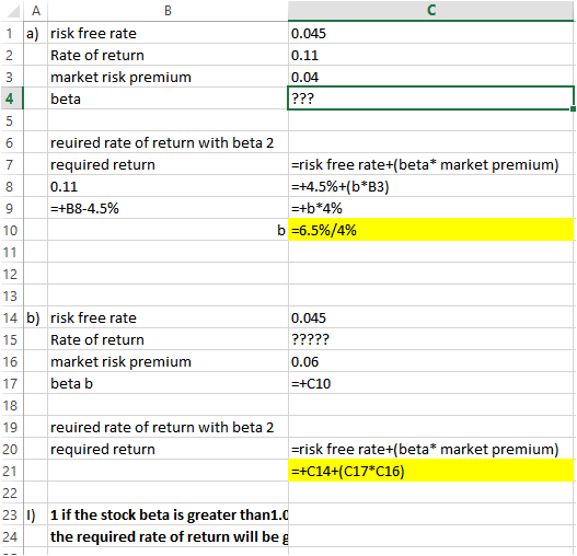 1 a) risk free rate Rate of return market risk premium beta 0.045 0.11 0.04 ??? reuired rate of return with beta 2 required r