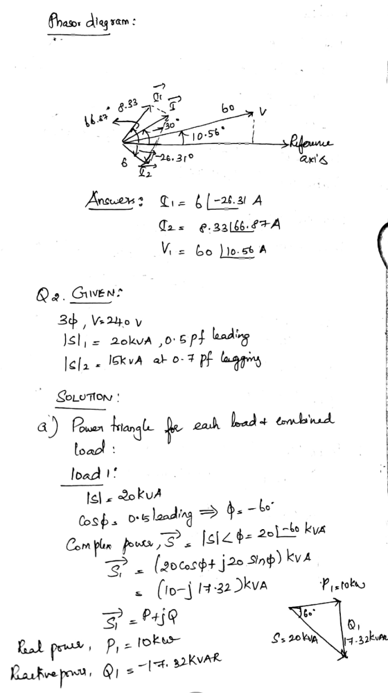 Real powe, Pi= loka Phasor diagram: F fa V 66.678.33 60 F 10.569 > Reference 26.310 6 axis Answers &i= 61-26.31 A 12s 8.33166