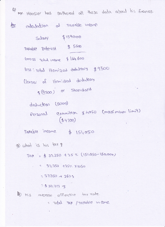 Mr. Hoosier has gathered all these data about his finances. Ang calculation of Taxable income Salary $159000 Taxable interest
