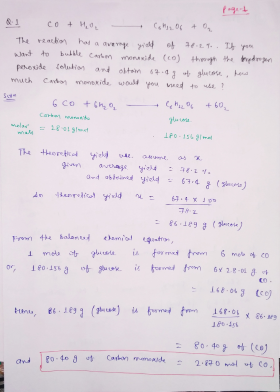 page-t Q.1 co + H₂O Color of t O₂ The reaction has a average yield of 78.2%. If you want to bubble Carbon monoxide (col throu