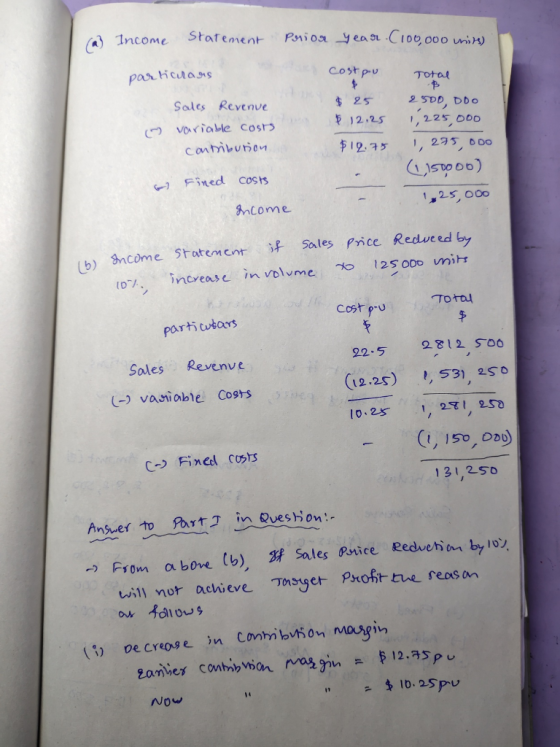 a Income Statement Prior year C100,000 units) de costpu particulars Total ( Sales Revenue variable costs contribution $25 $ 1