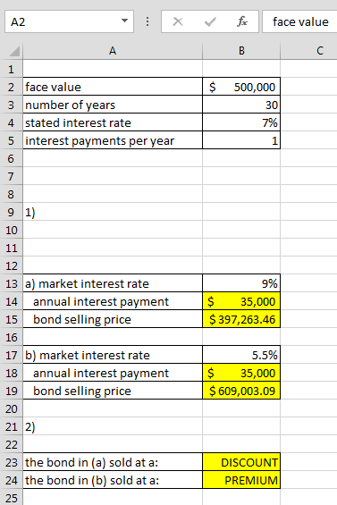 E x fx face value в $ 500,000 30 2 face value 3 number of years 4 stated interest rate 5 interest payments per year 7% 13 a)