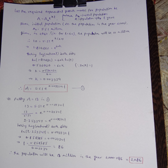 he required exponential growth model for population be A=Ae&t where A-initial population A population after t yearl given, in