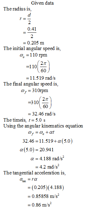 Given data The radius is, 0.41 = 0.205 m The initial angular speed is, 0 = 110 rpm = 11.519 rad/s The final angular speed is,