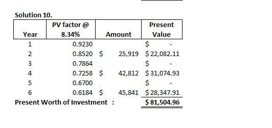 Solution 10. PV factor @ Present Year 8.34% Amount Value 1 0.9230 $ 2 0.8520 $ 25,919 $ 22,082.11 0.7864 $ 4 0.7258 $ 42,812
