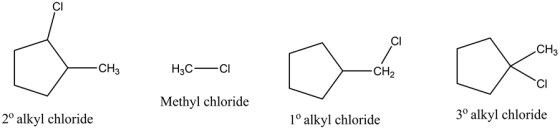 CI
CI
CHз
CH3
Hас — сі
-CH2
CI
Methyl chloride
3° alkyl chloride
2° alkyl chloride
1o alkyl chloride