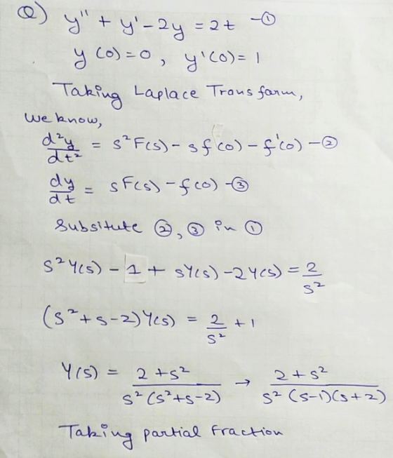 CO) = 0, we know, y+y-2y = 22 - y y Con=1 Taking Laplace Transform, dry s F(s)- s fco) -fco) – at dy sfcs) - fco) - dt Sub