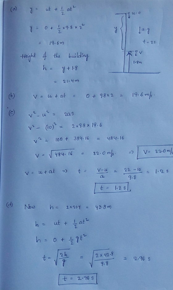 ut at 2. 2- 19.6T teght tle buildin RTV 1.3m t 13 21 4 m v)2x7.8 x 19.6 vn- 100 + 384.16 9.8 t = 1.2. S (d) 卜.bu h- 2x21. У 2