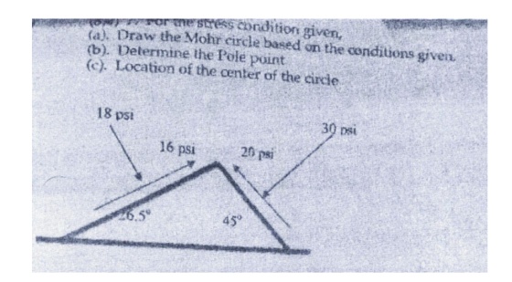 pormesres condition given, a. Draw the Mohr circle based on the conditions given. (b). Determine the Pole point (c). Location of the center of the circie 18 psi 30 Dsi 16 psi 20 psi 6.5? 45°