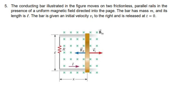 5. The conducting bar illustrated in the figure moves on two frictionless, parallel rails in the presence of a uniform magnet