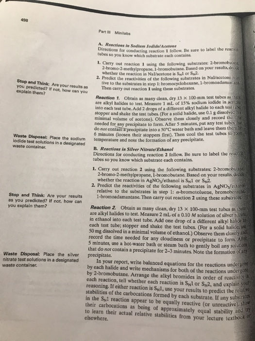 498 Parti Minilabs A. Reactions Sodo lodide/Acetone Directions for conductine reaction 1 follow. Be sure to label the reactio