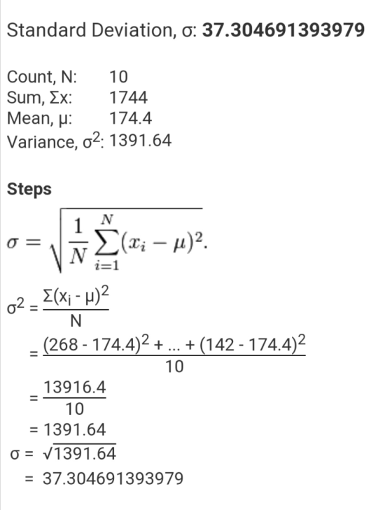Standard Deviation, o: 37.304691393979 Count, N: 10 Sum, Ex: 1744 Mean, u: 174.4 Variance, o2: 1391.64 Steps o= (xi – u)? 02