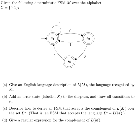 Given the following deterministic FSM M over the alphabet Σ- (0,13: 1 S1 S2 1 1 S3 (a) Give an English language description o