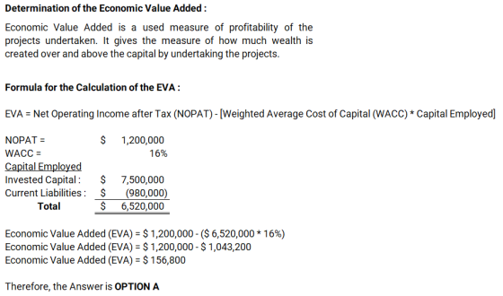Determination of the Economic Value Added : Economic Value Added is a used measure of profitability of the projects undertake