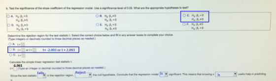 Tout the cance of the slope coefficient of the regression model. Use a significance level of 0.06. What are the appropriate h